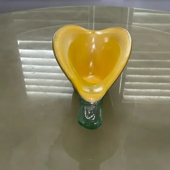 Handmade Blown Glass Vase Candy Bowl Yellow Iridescent